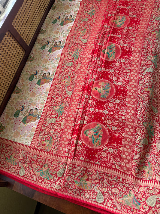 Radhe Krishna Georgette Banarasi Saree - White & Red