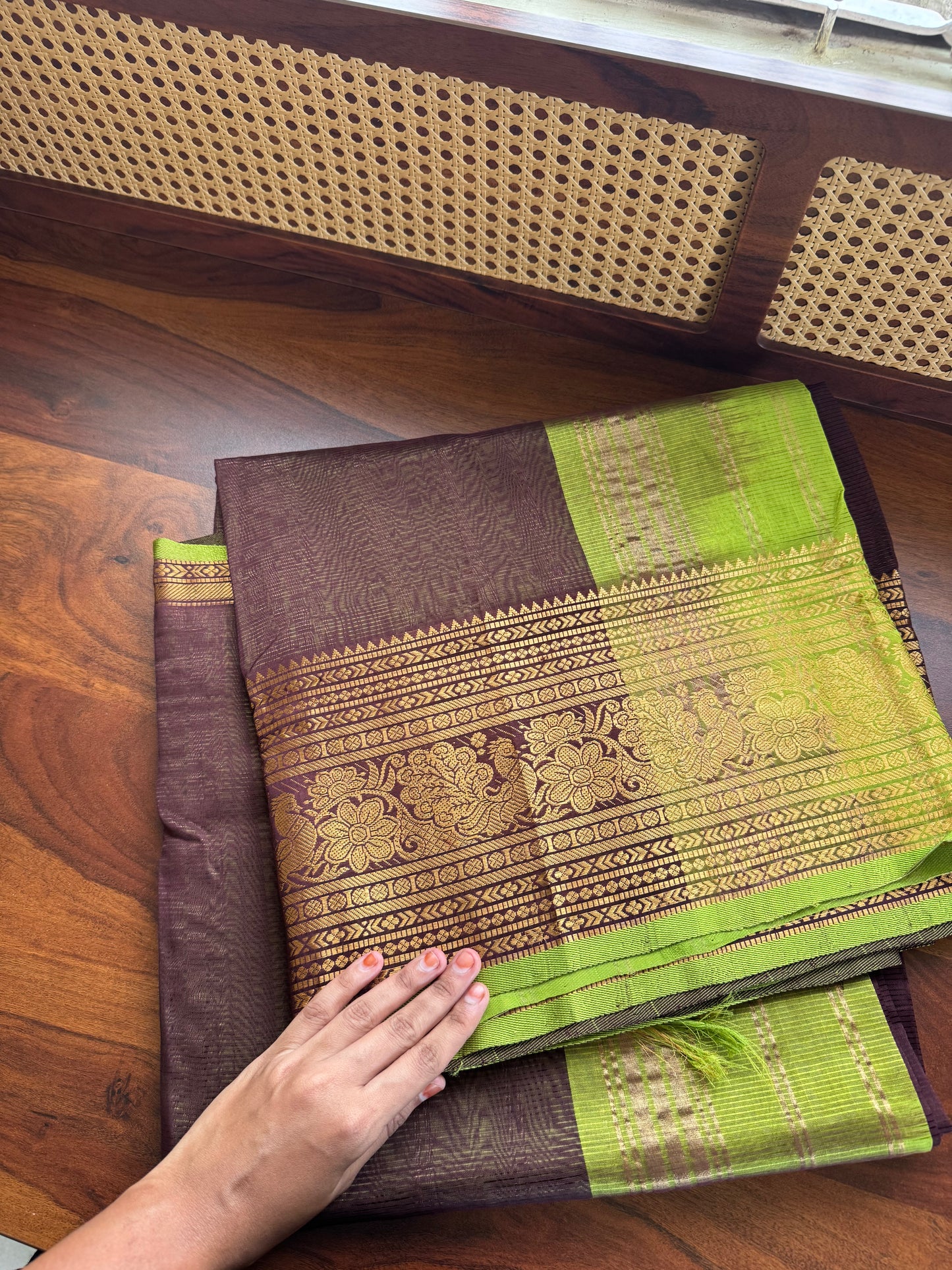 Mangalagiri Handloom Pure Silk Cotton Saree - Brown & Green