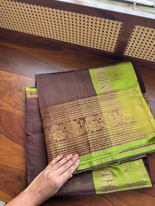 Mangalagiri Handloom Pure Silk Cotton Saree - Brown & Green