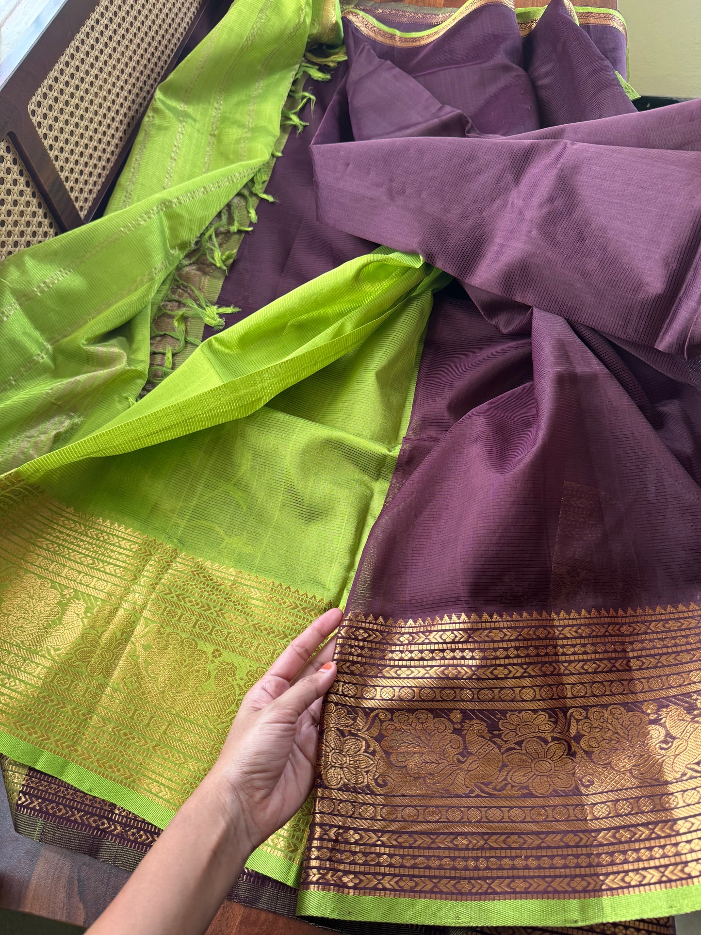 Mangalagiri Handloom Pure Silk Cotton Saree - Brown & Green