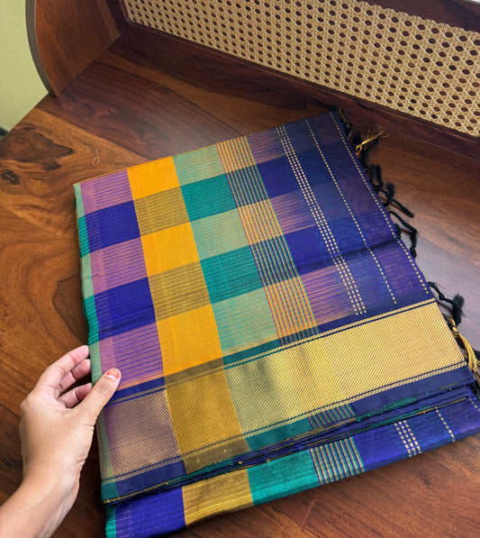 Handloom Pure Silk Cotton Saree - Checks Blue