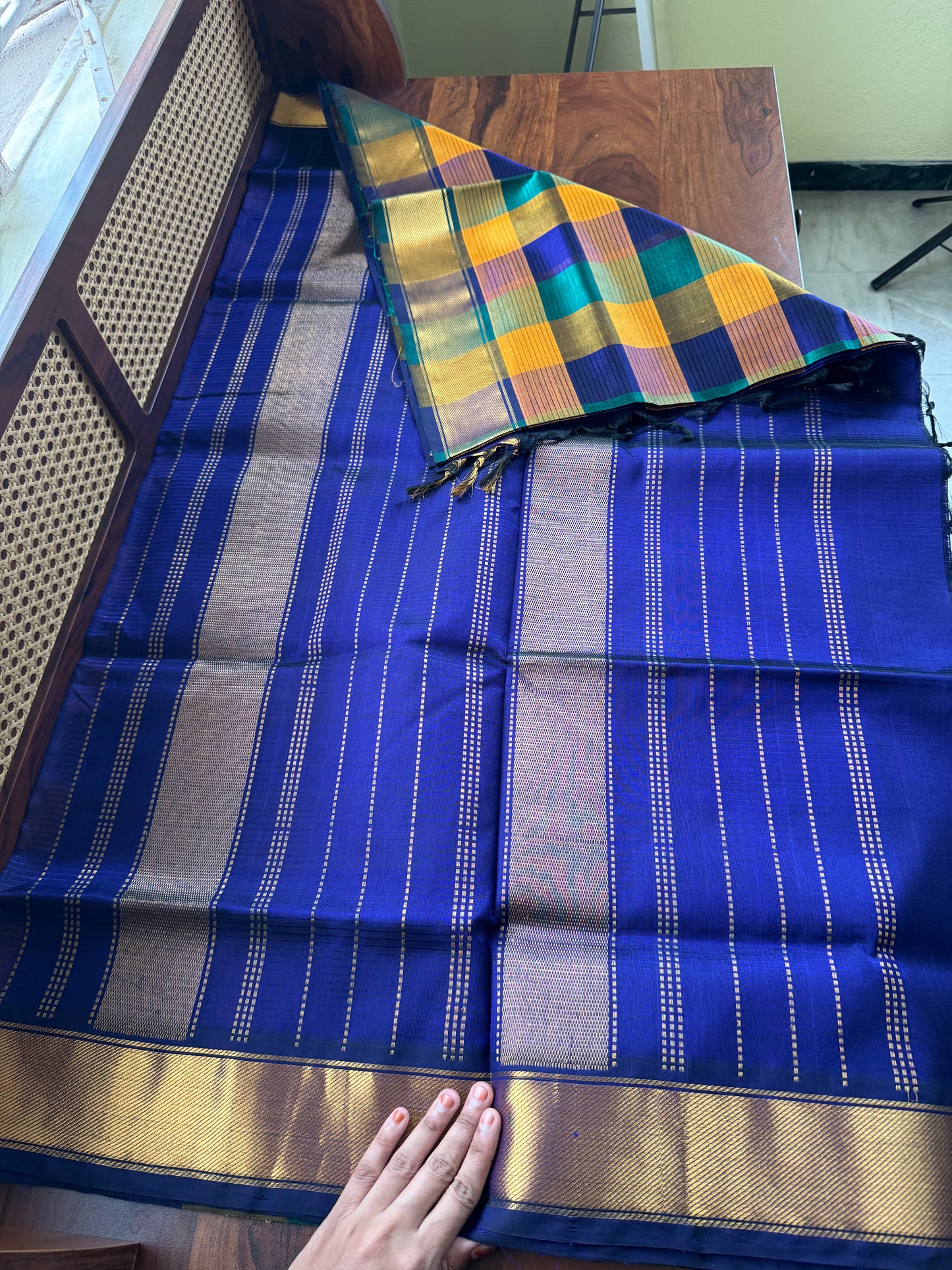 Handloom Pure Silk Cotton Saree - Checks Blue