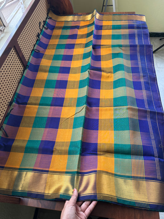 Handloom Pure Silk Cotton Saree - Checks Blue