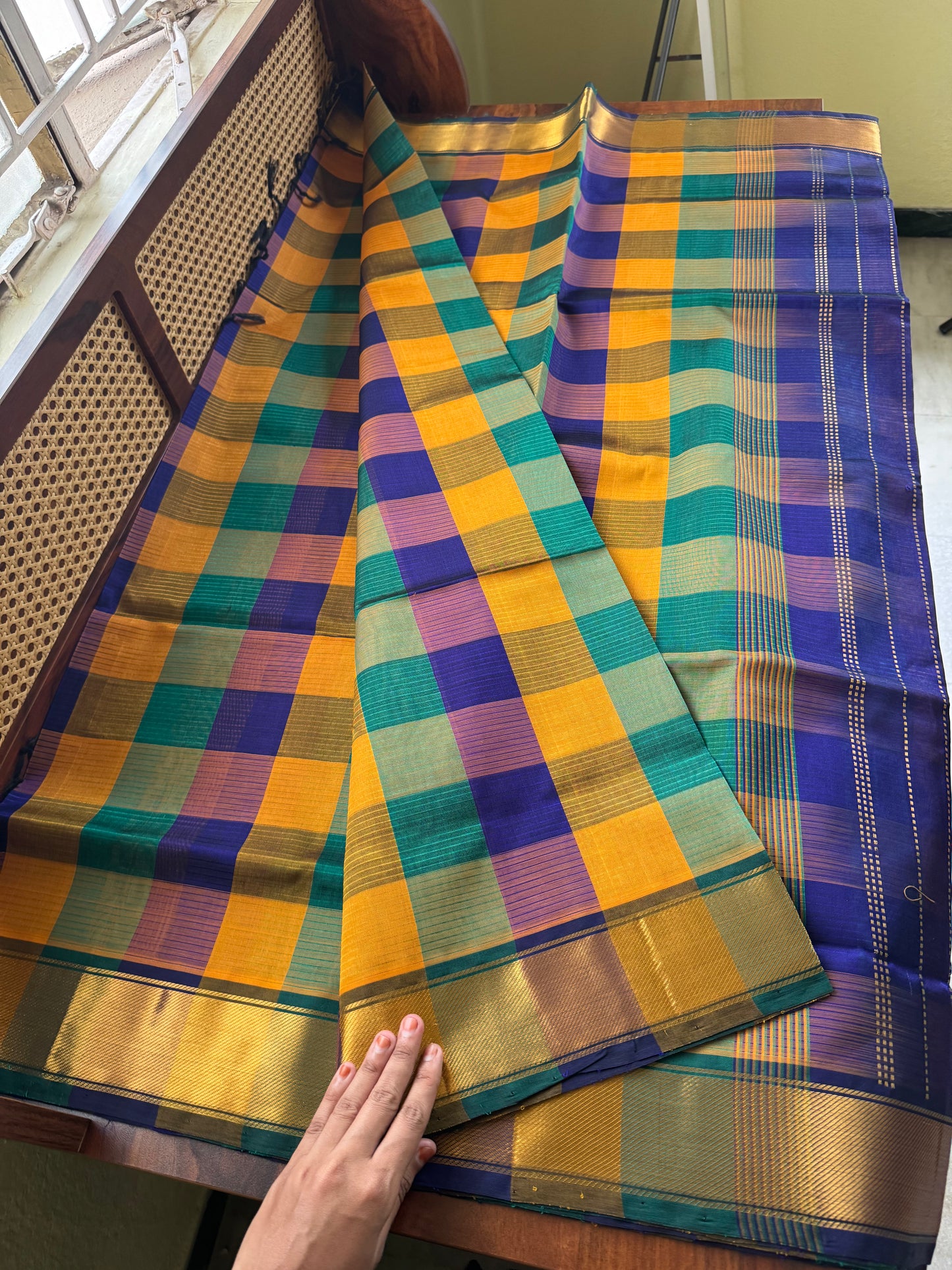 Handloom Pure Silk Cotton Saree - Checks Blue