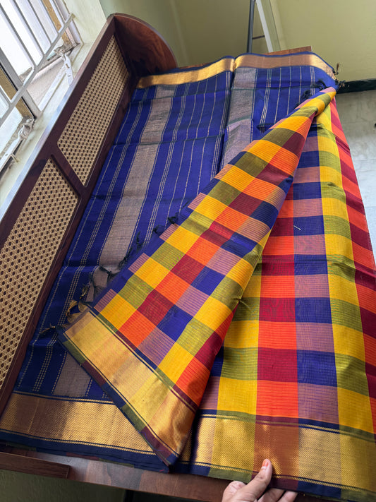 Handloom Pure Silk Cotton Saree - Checks Multicolor