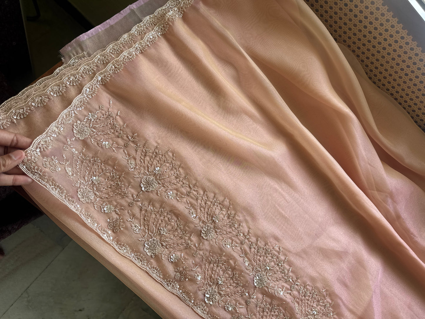 Minimal Luxe Tissue Saree with beadwork - Pastel Peach