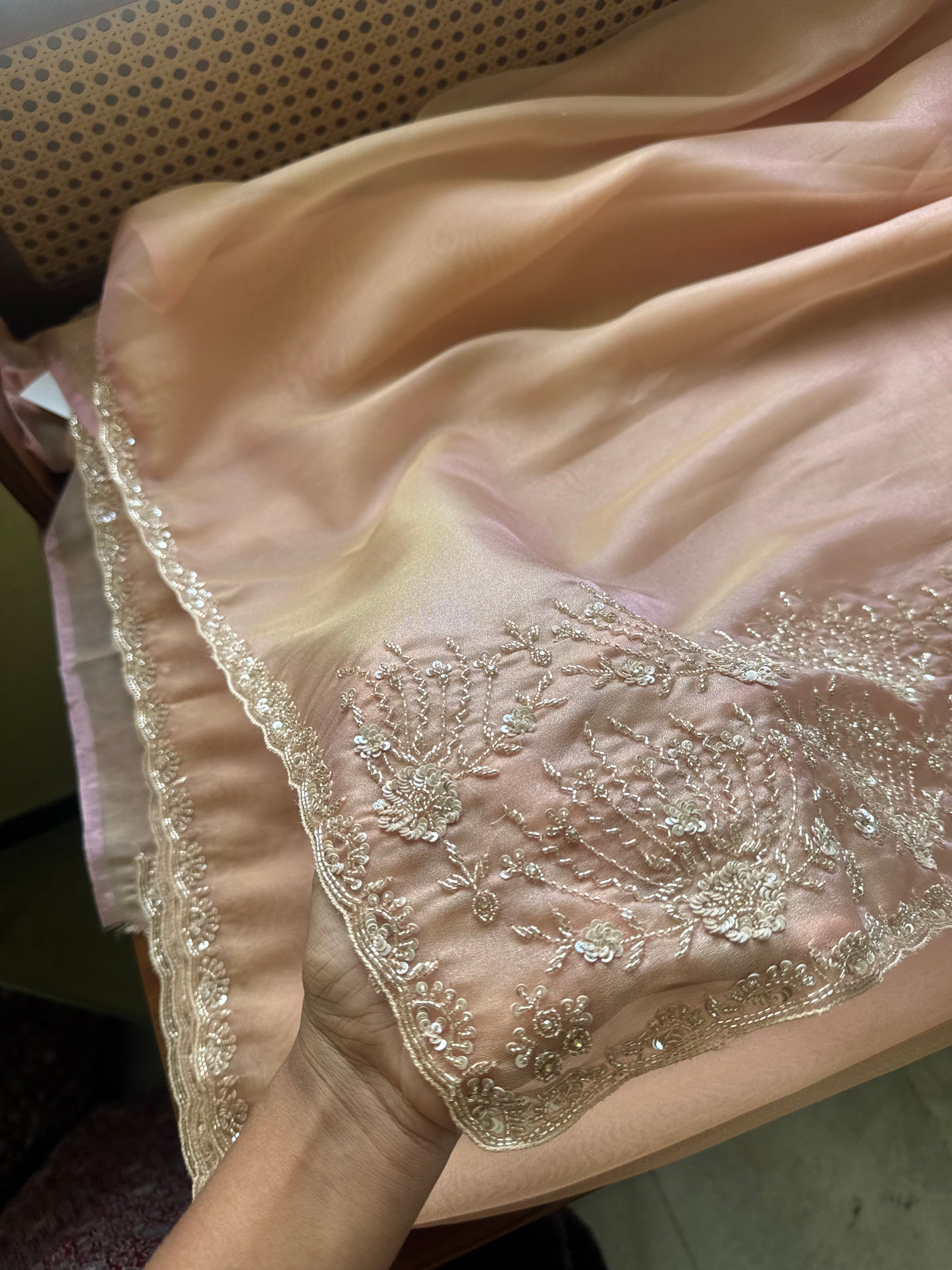 Minimal Luxe Tissue Saree with beadwork - Pastel Peach
