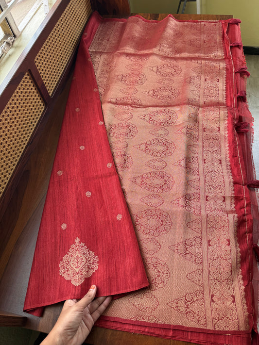 Semi Raw Silk Saree - Rustic Red