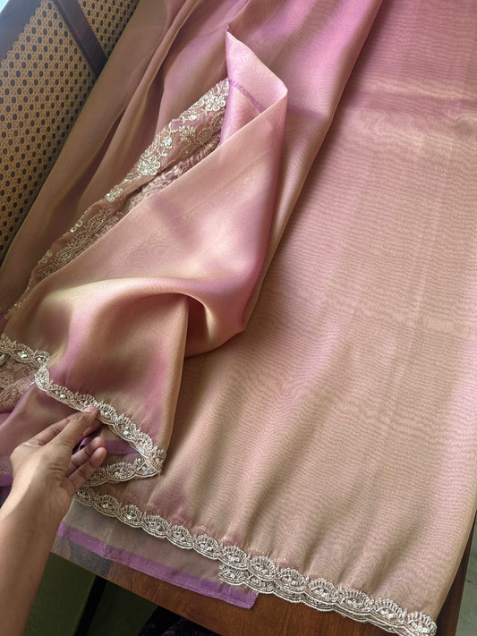Minimal Luxe Tissue Saree with beadwork - Pink Golden