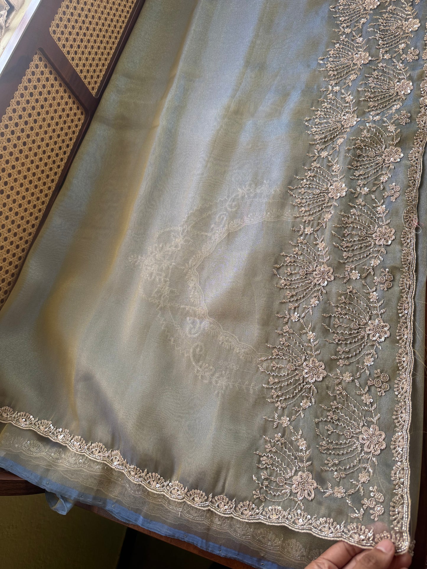 Minimal Luxe Tissue Saree with beadwork - Galaxy Blue