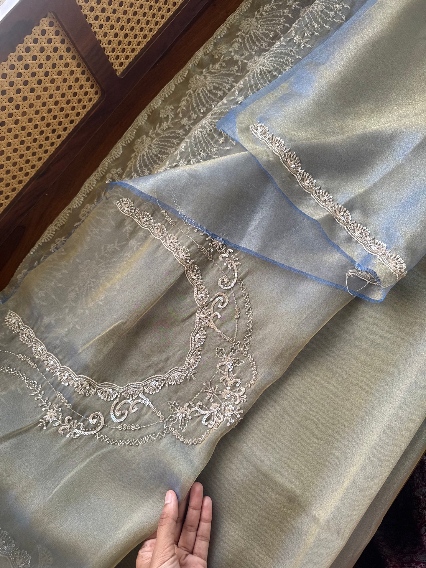 Minimal Luxe Tissue Saree with beadwork - Galaxy Blue