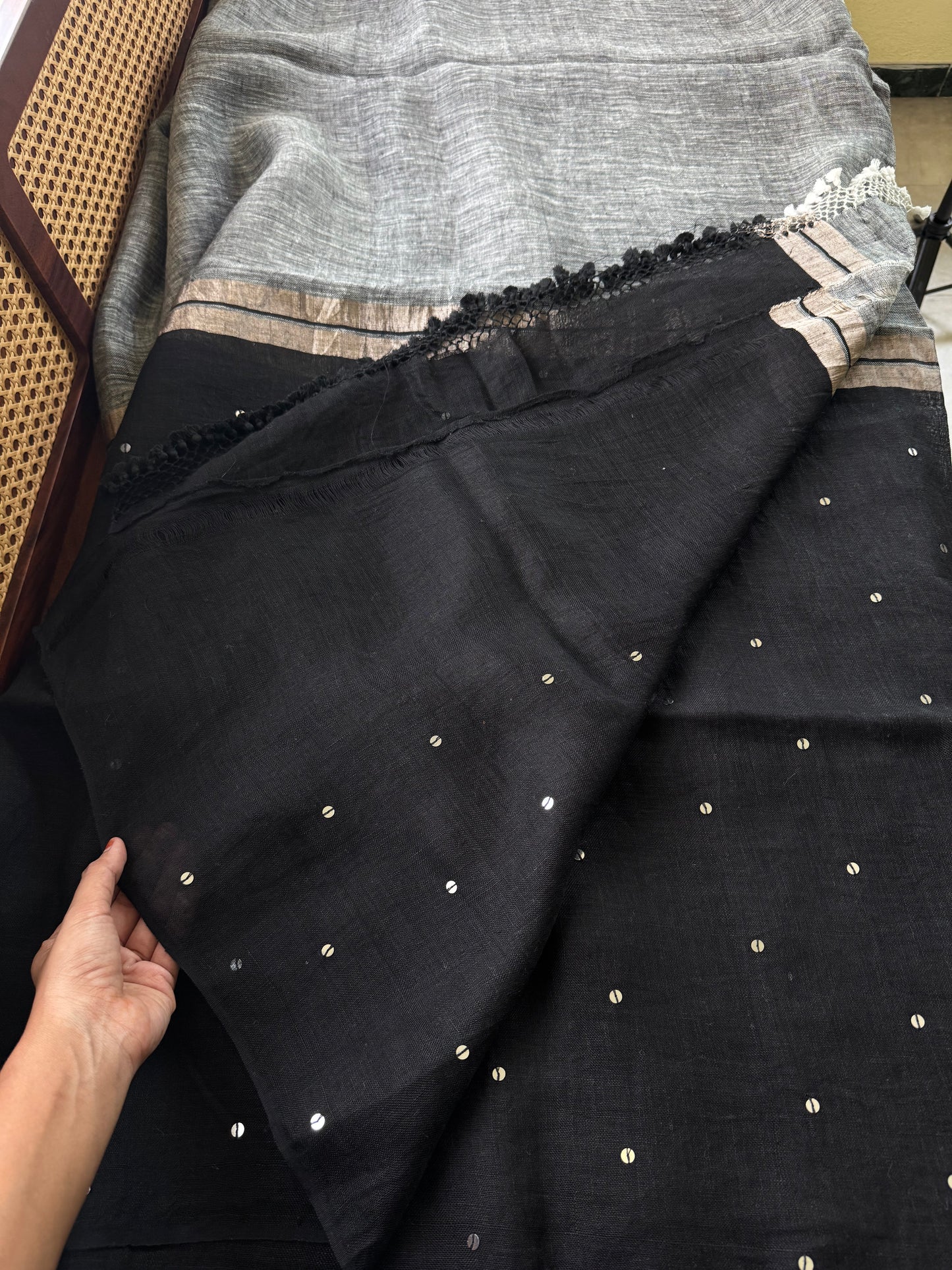 Sequin Pure Linen Saree - Grey & Black