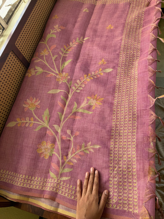 Tissue Linen Saree with Aari work - Pink