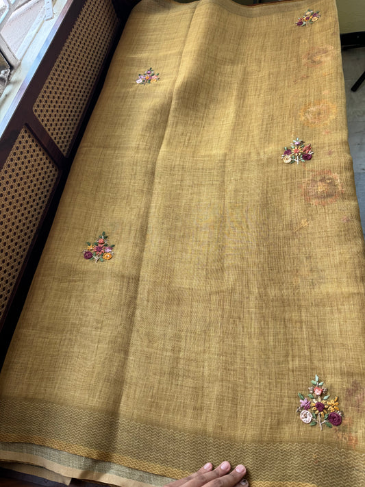 Premium Tissue Linen Sarees with heavy blouse - Henna Green