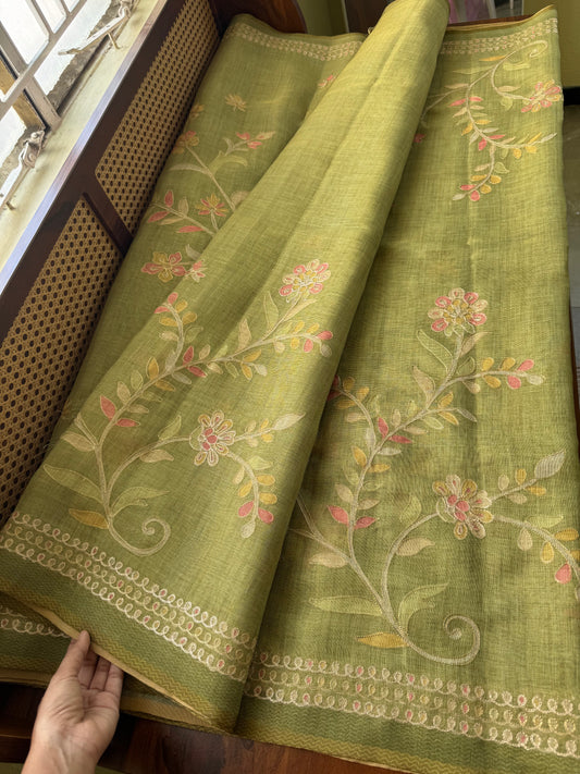 Tissue Linen Saree with Aari work - Green