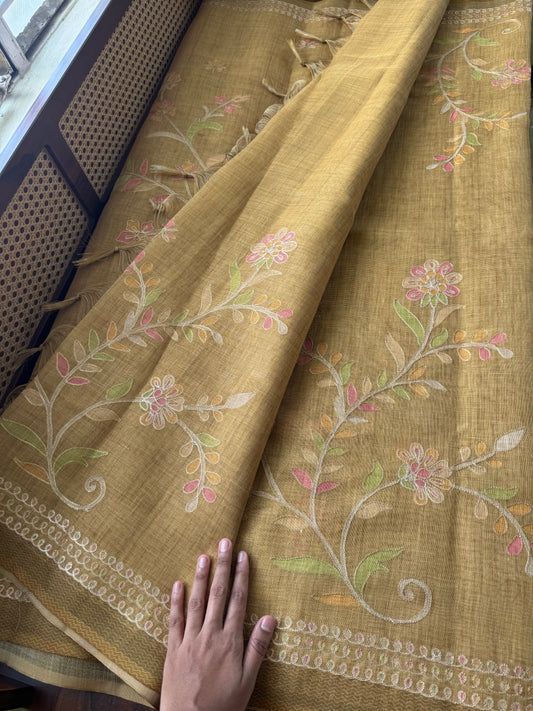 Tissue Linen Saree with Aari work - Henna Green