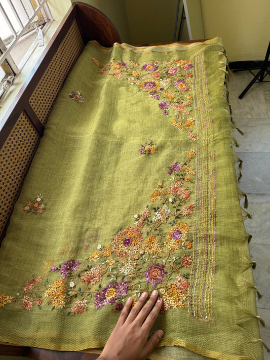 Premium Tissue Linen Sarees with heavy blouse - Green