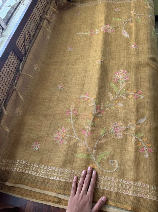 Tissue Linen Saree with Aari work - Henna Green