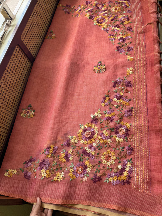 Premium Tissue Linen Sarees with heavy blouse - Peach