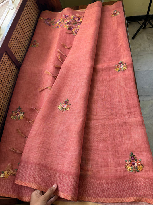 Premium Tissue Linen Sarees with heavy blouse - Peach