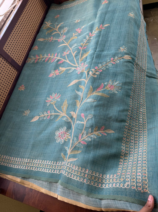 Tissue Linen Saree with Aari work - Blue