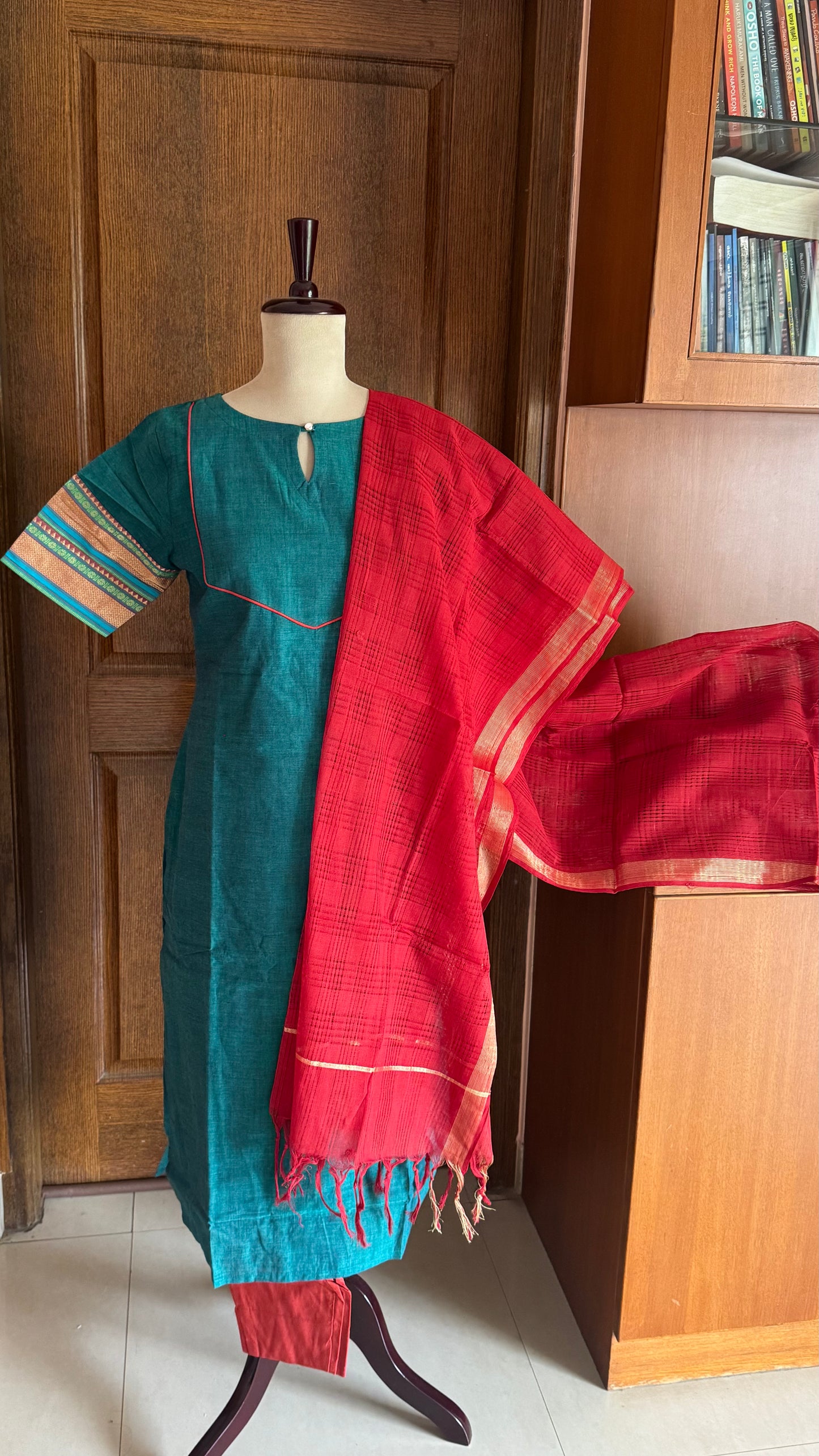 South Cotton Salwars - Peacock Green & Rustic Red