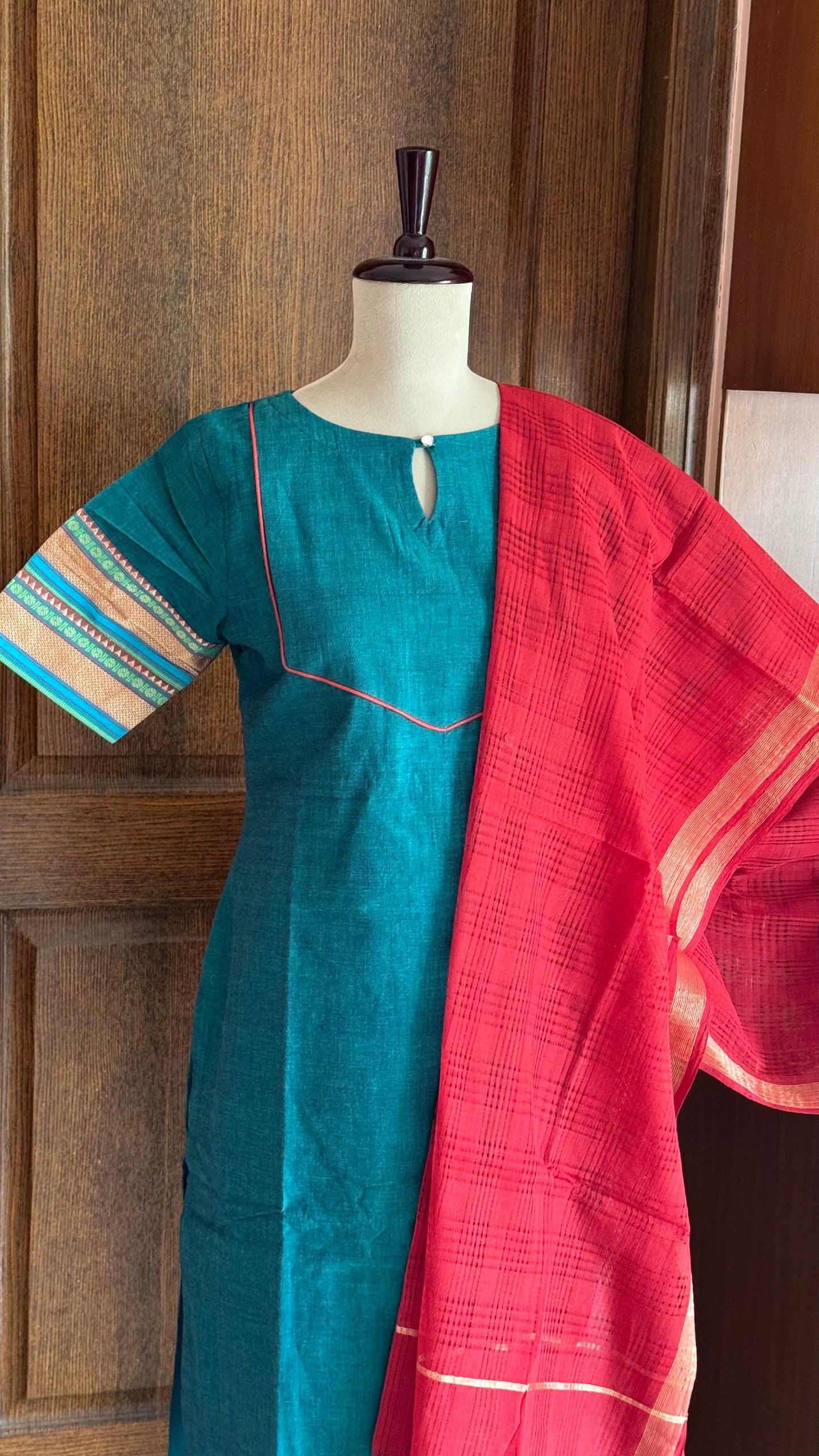 South Cotton Salwars - Peacock Green & Rustic Red