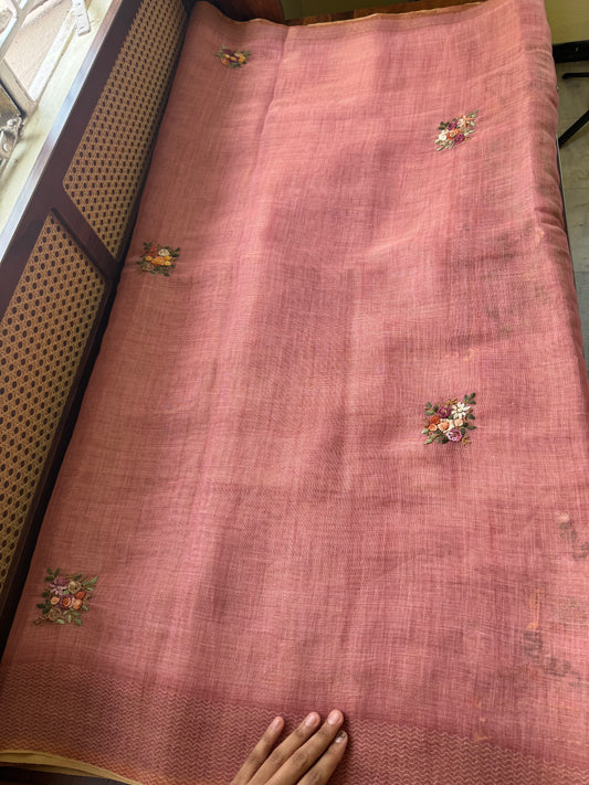 Premium Tissue Linen Sarees with heavy blouse - Pink