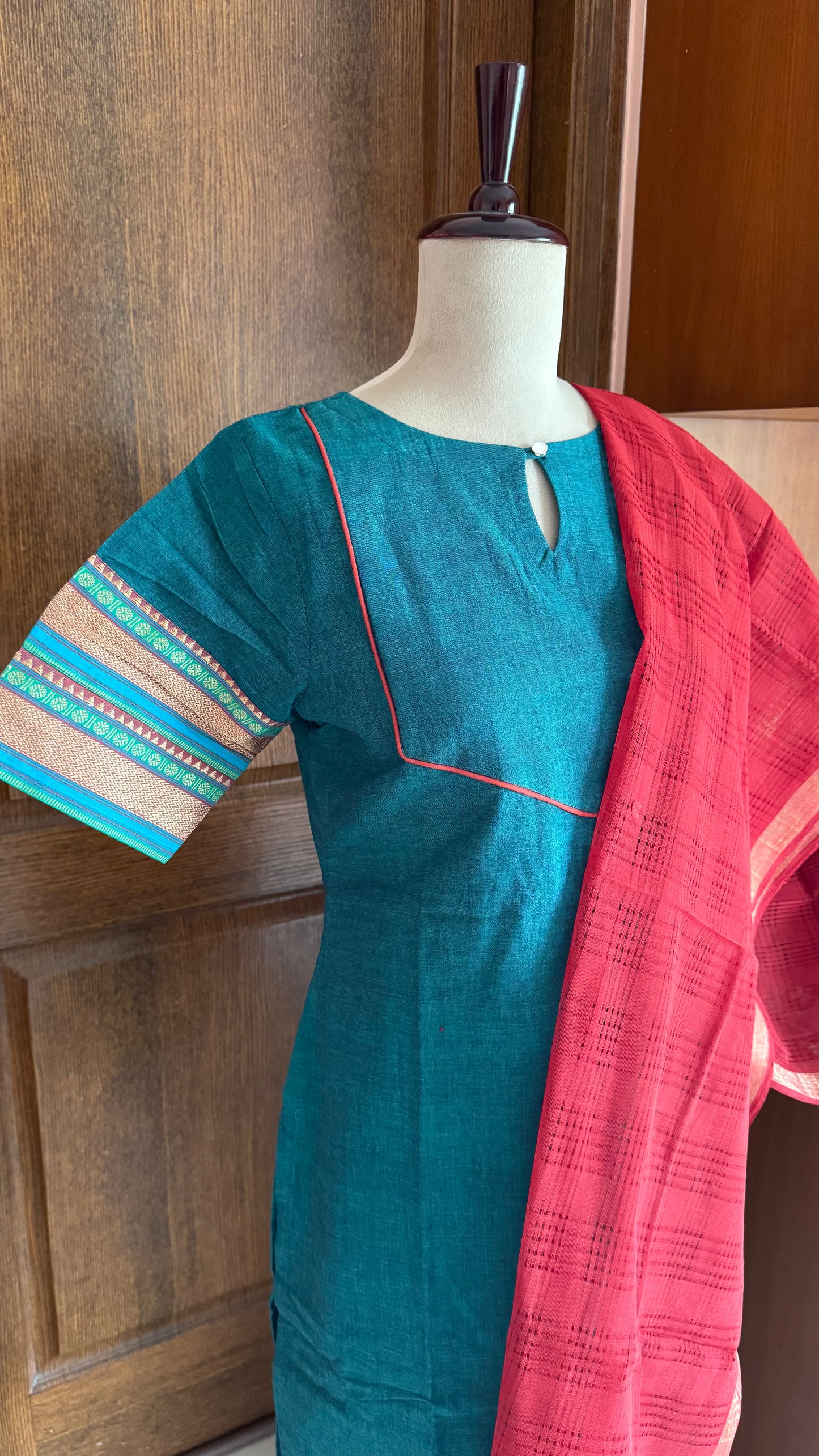 South Cotton Salwars - Peacock Green & Rustic Red