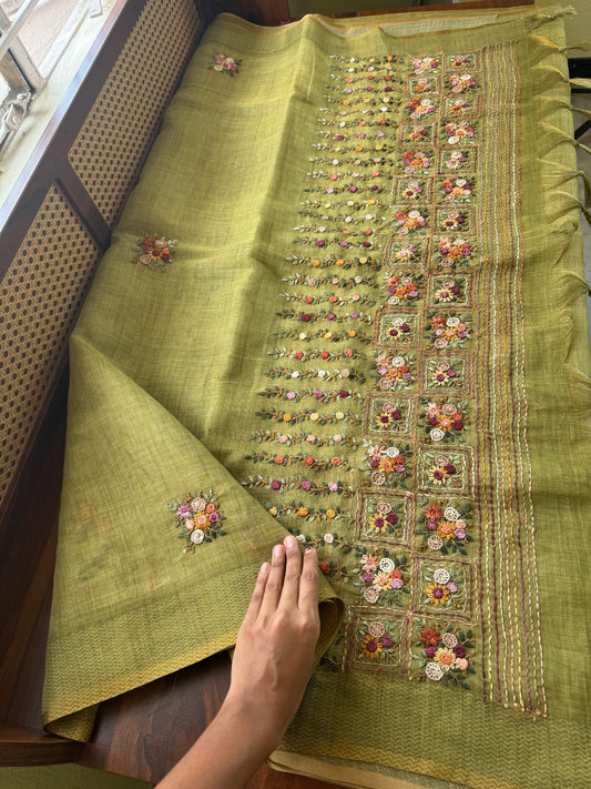 Premium Tissue Linen Sarees with heavy blouse - Green
