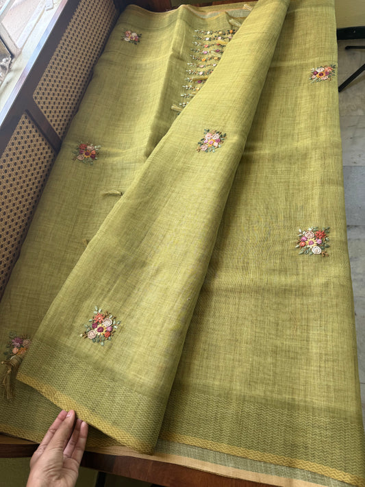 Premium Tissue Linen Sarees with heavy blouse - Green