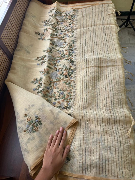 Premium Tissue Linen Sarees with heavy blouse - Beige & Green
