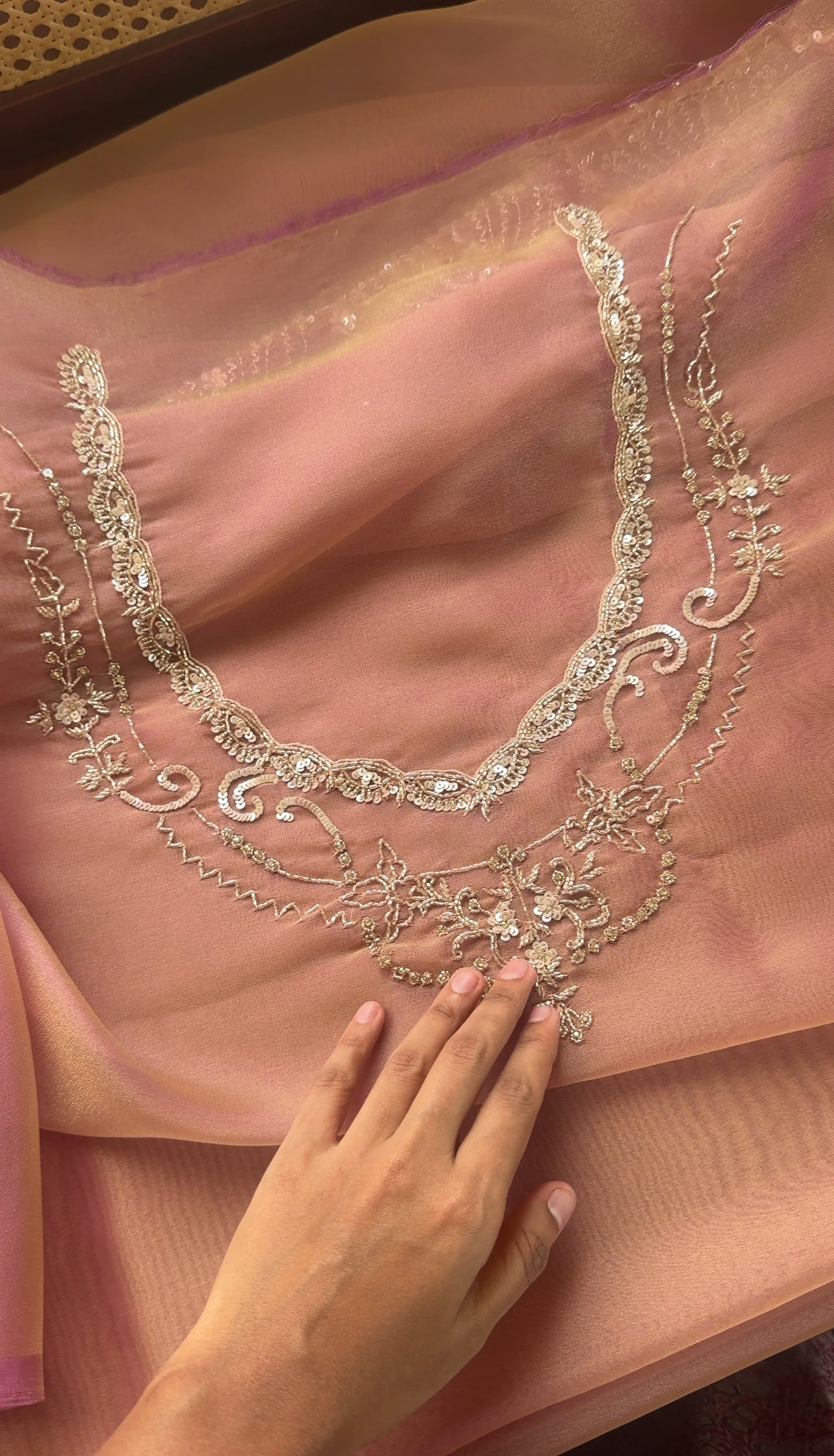 Minimal Luxe Tissue Saree with beadwork - Pink Golden