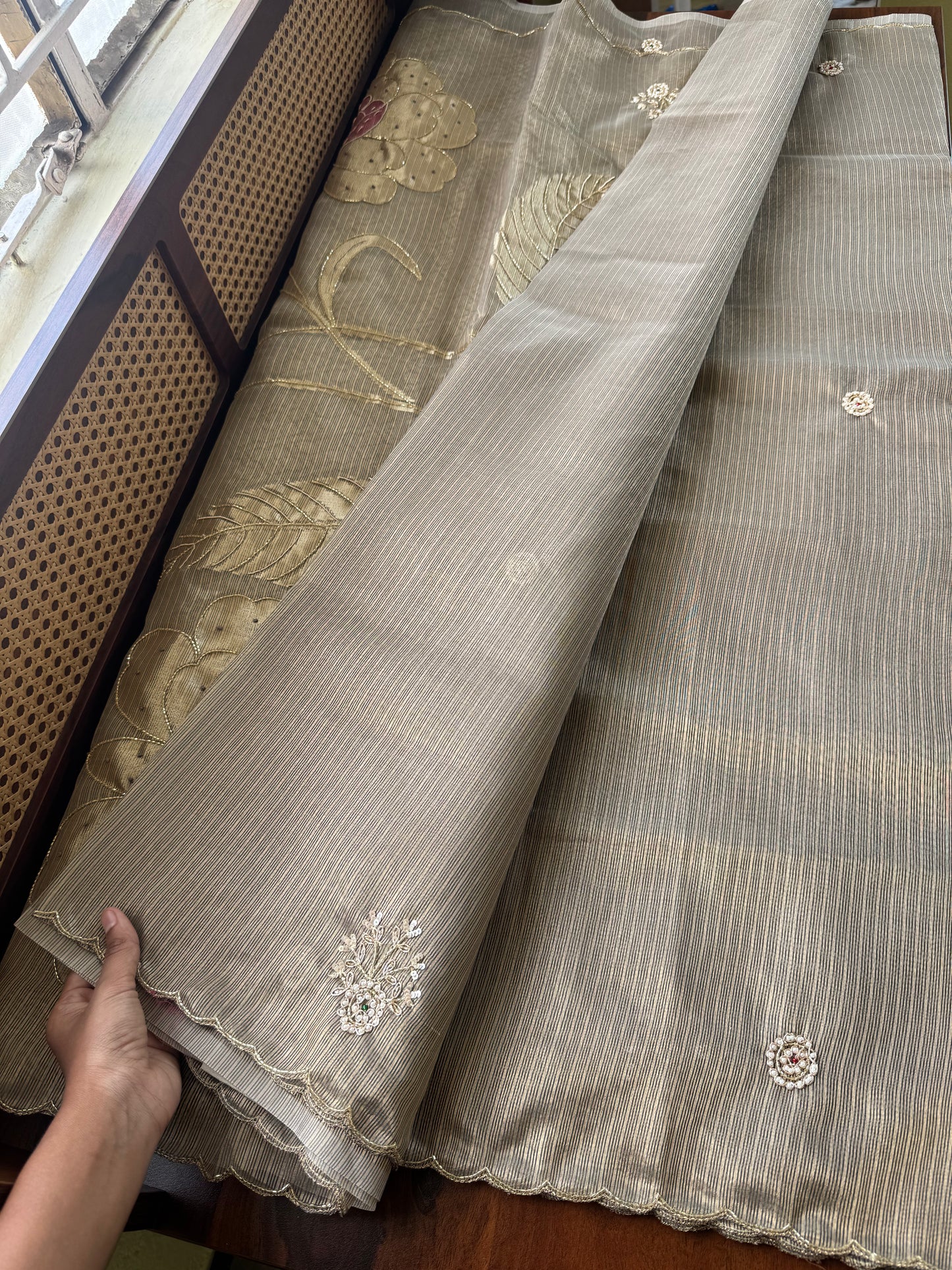 Premium Zari Tissue Saree - Grey Golden