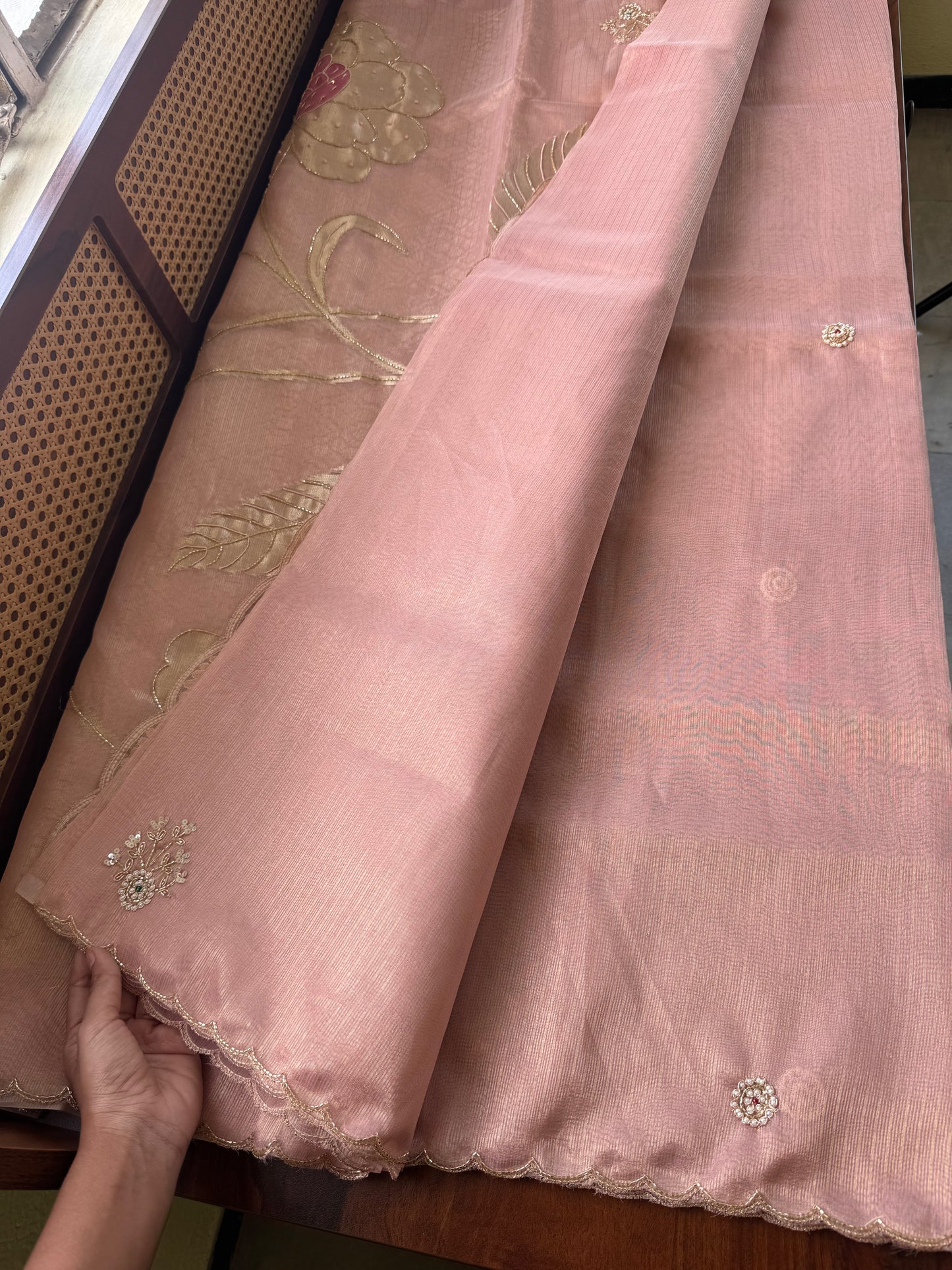 Premium Zari Tissue Saree - Pink Gold