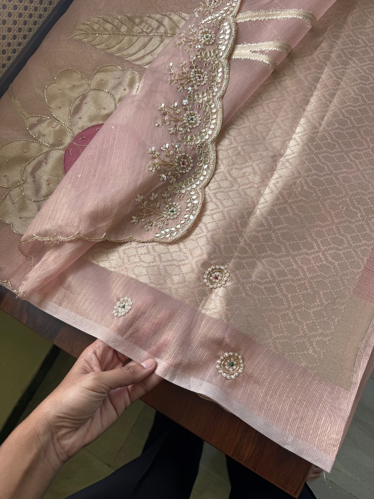 Premium Zari Tissue Saree - Pink Gold