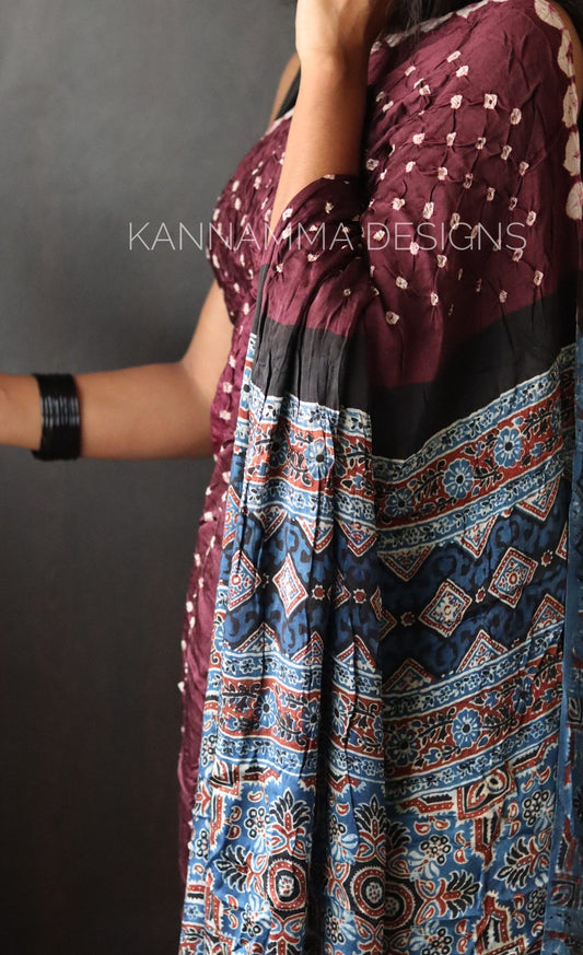 Ajrakh Bandhini Modal Silk Saree - Ombre Purple
