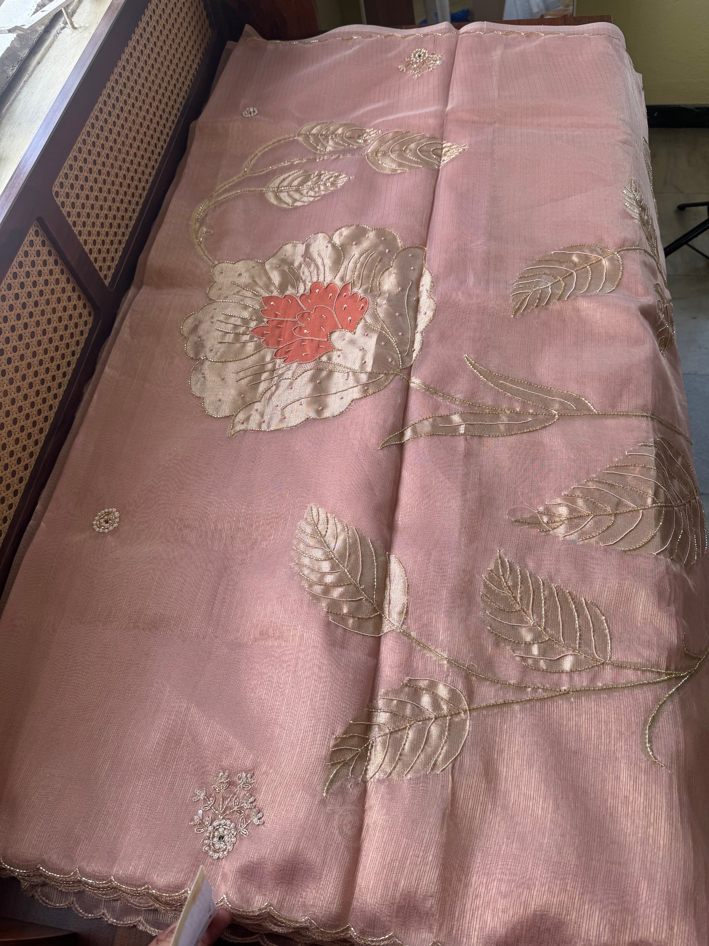 Premium Zari Tissue Saree - Pink Gold