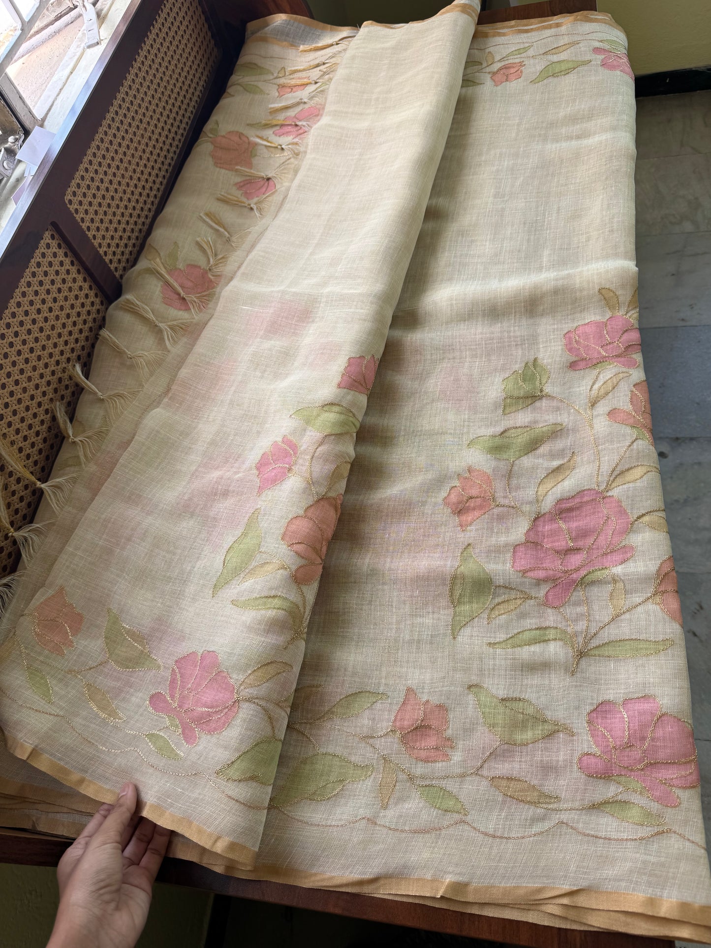 Tissue Linen Saree with Aari work - Half white & Pink