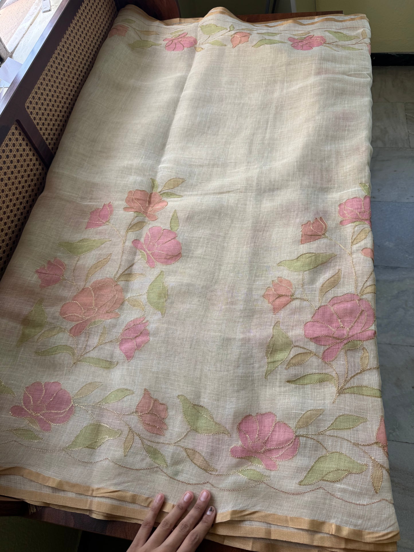 Tissue Linen Saree with Aari work - Half white & Pink