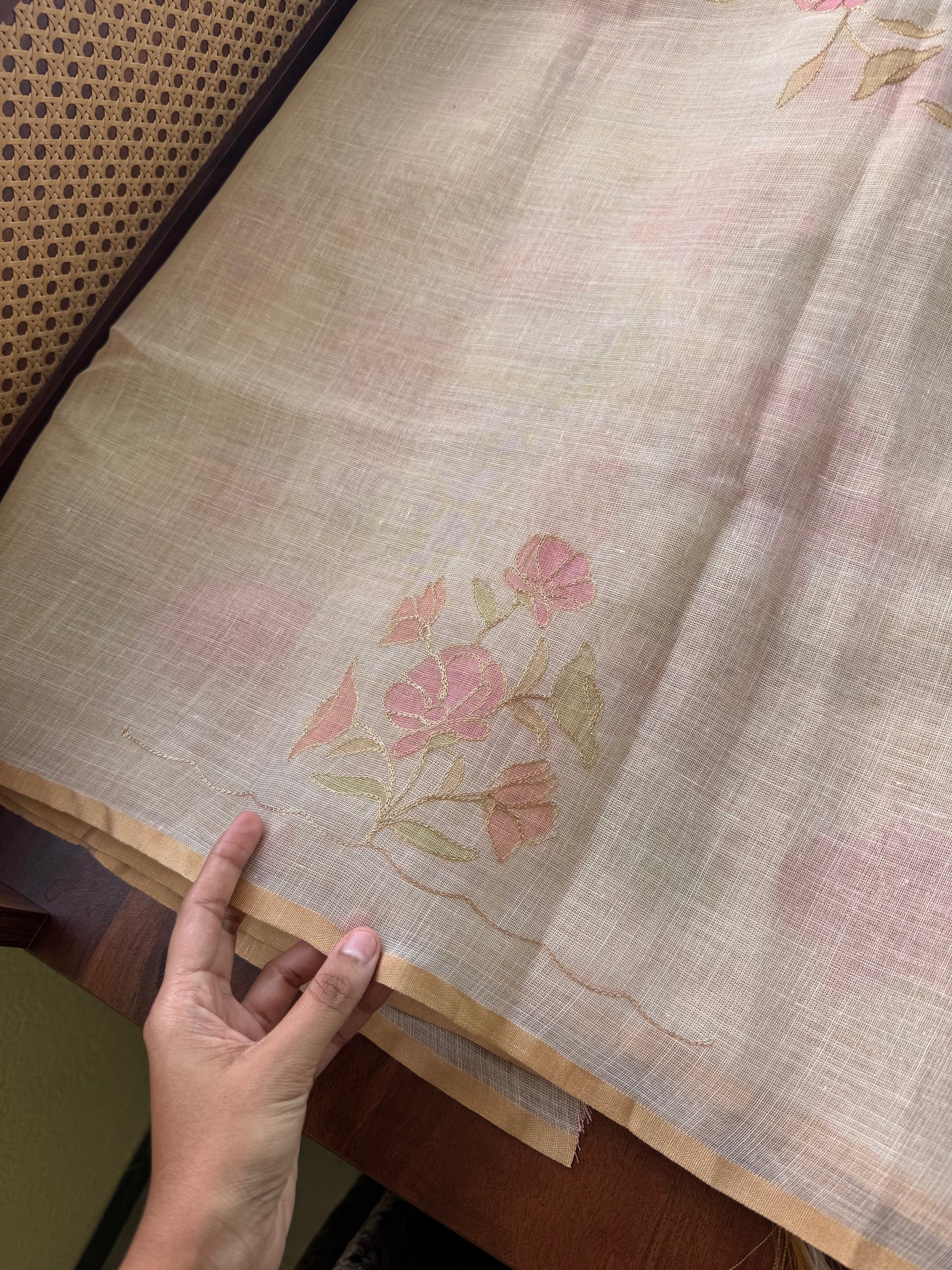 Tissue Linen Saree with Aari work - Half white & Pink