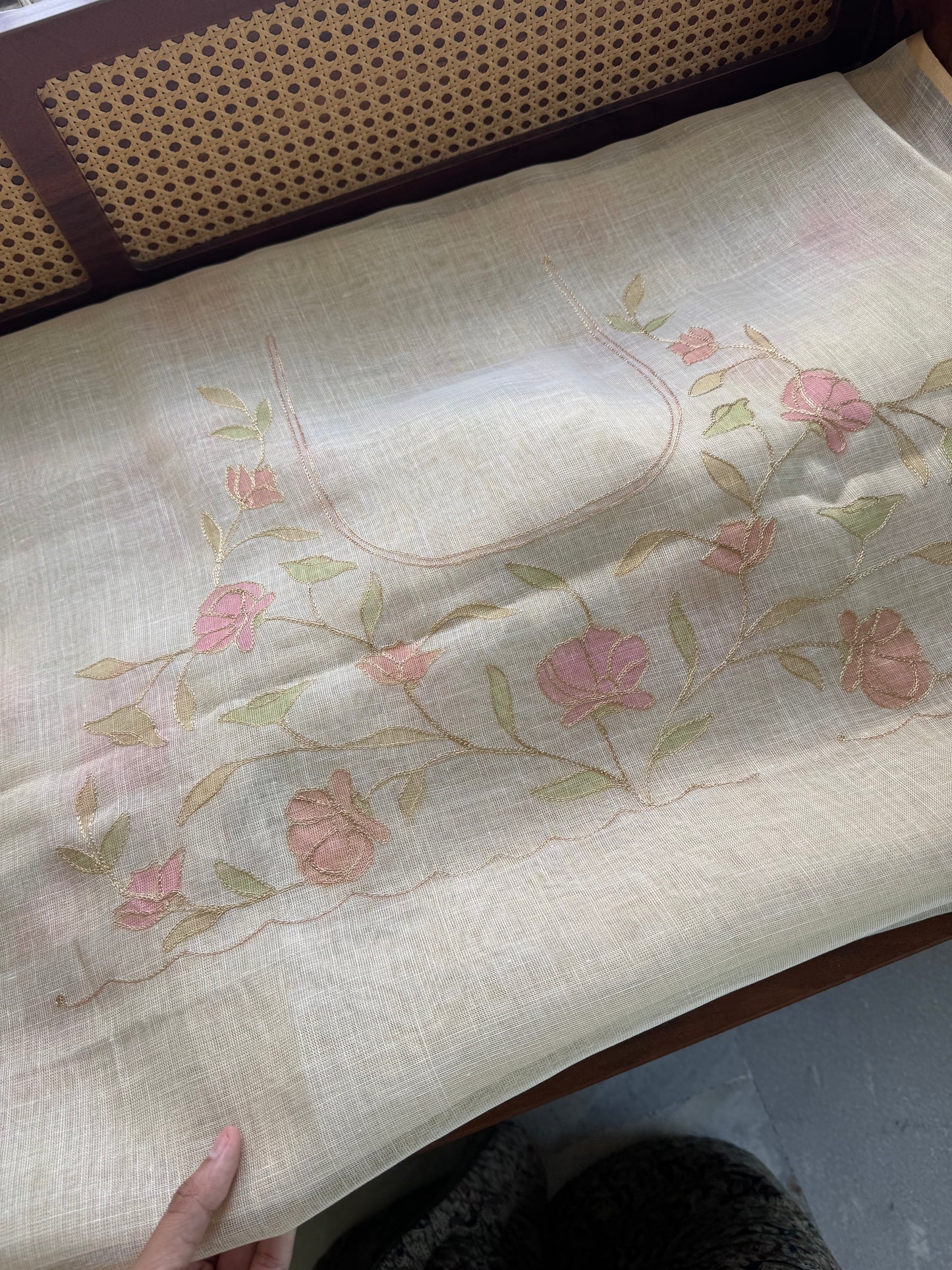Tissue Linen Saree with Aari work - Half white & Pink