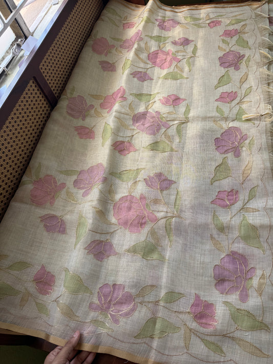 Tissue Linen Saree with Aari work - Beige & Lavender