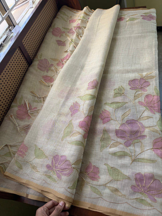 Tissue Linen Saree with Aari work - Beige & Lavender