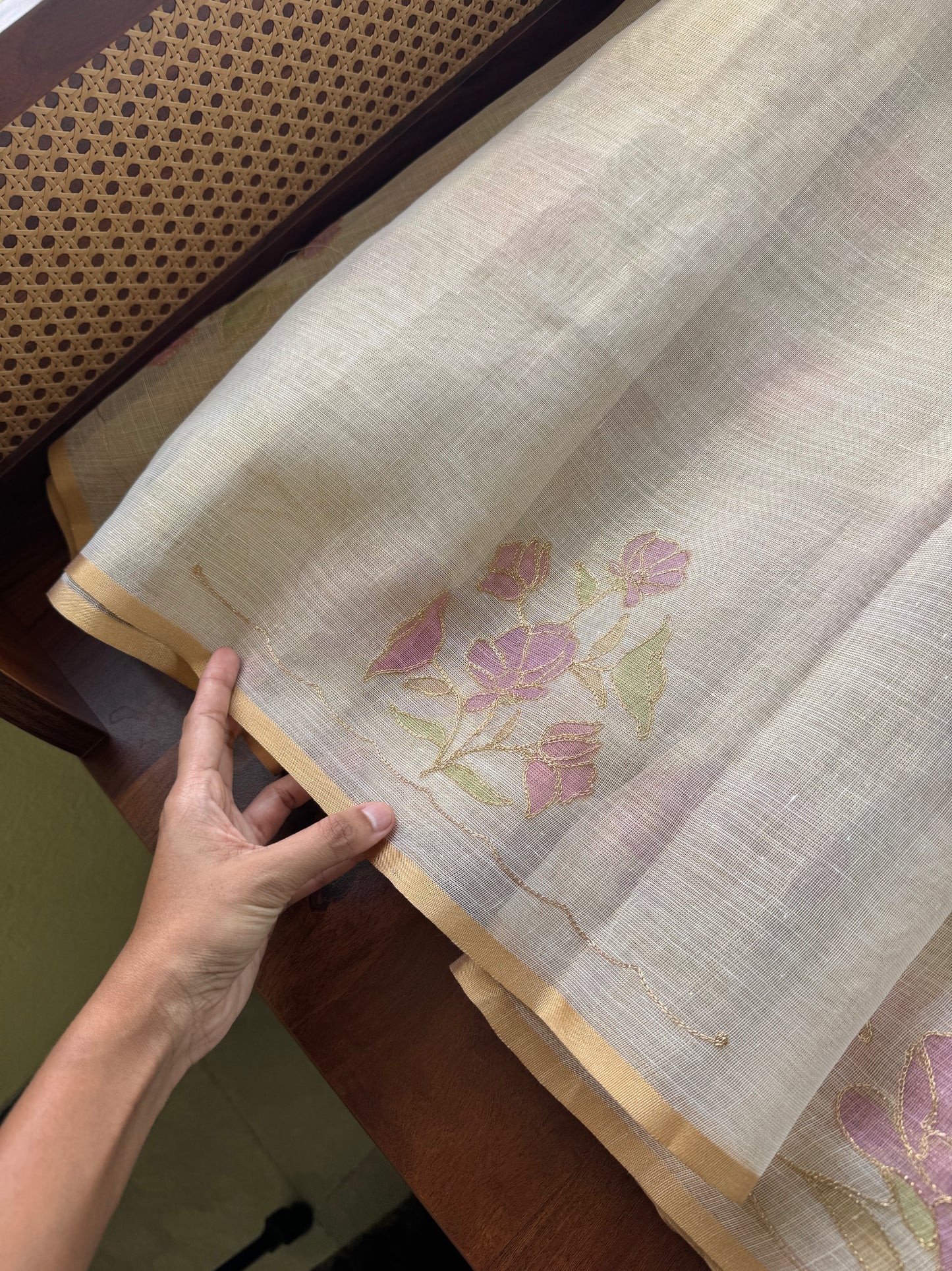 Tissue Linen Saree with Aari work - Half white & Lavender