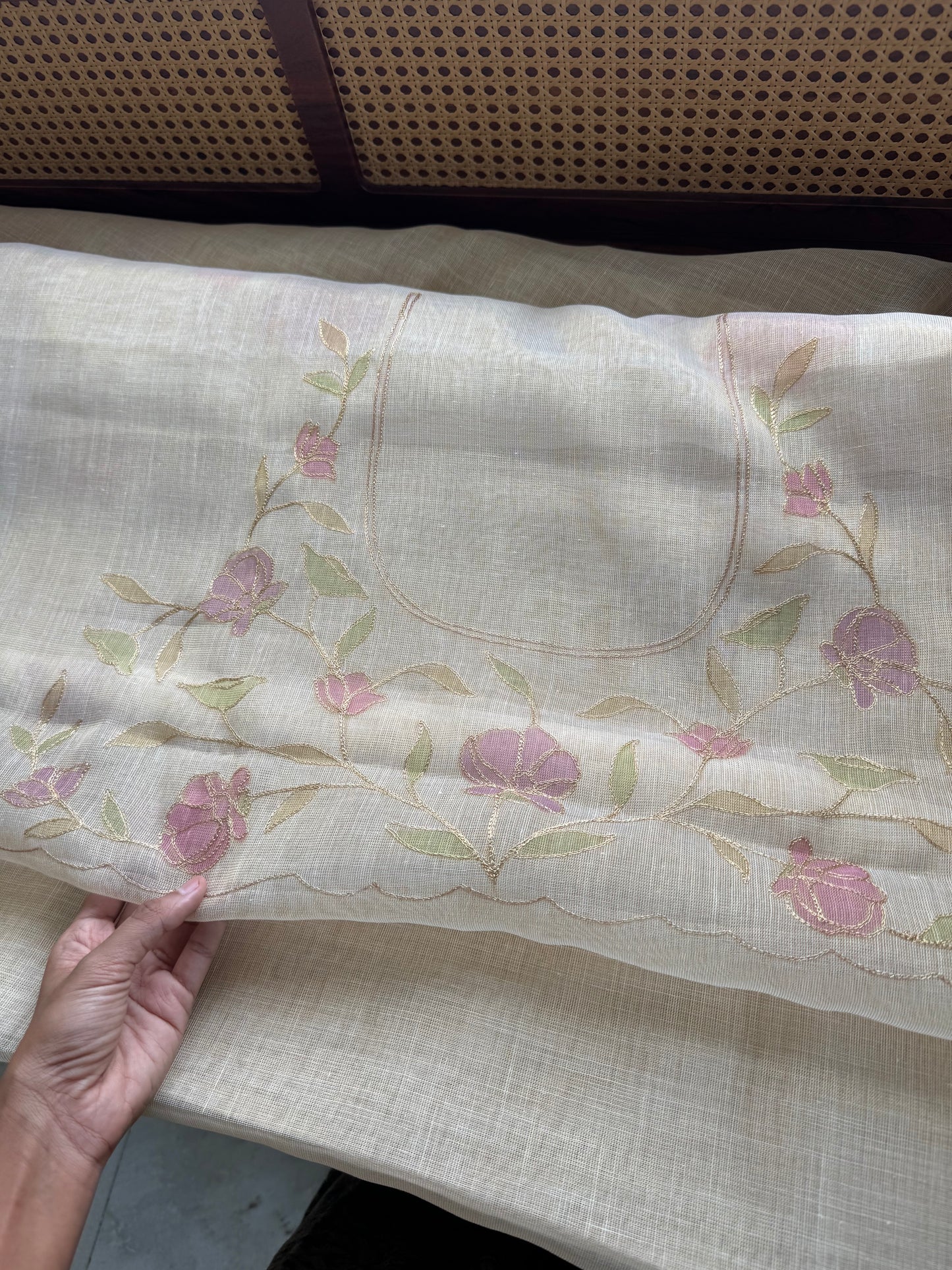 Tissue Linen Saree with Aari work - Half white & Lavender