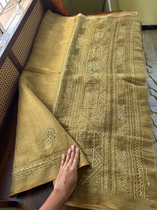 Premium Tissue Linen Sarees with borders & heavy blouse - Henna Green