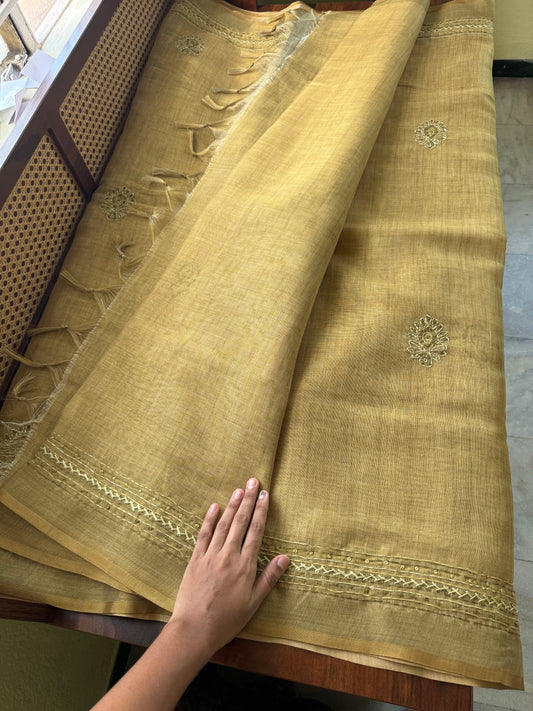 Premium Tissue Linen Sarees with borders & heavy blouse - Henna Green