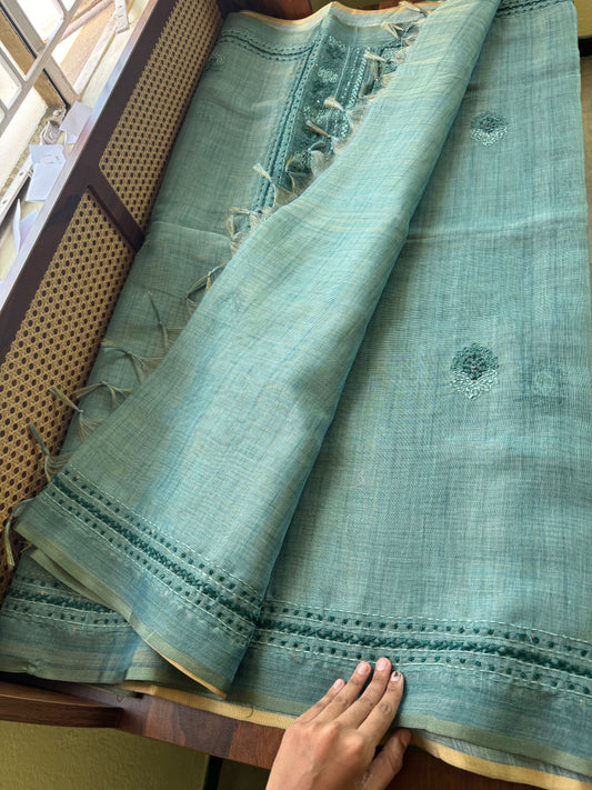 Premium Tissue Linen Sarees with borders & heavy blouse - Blue