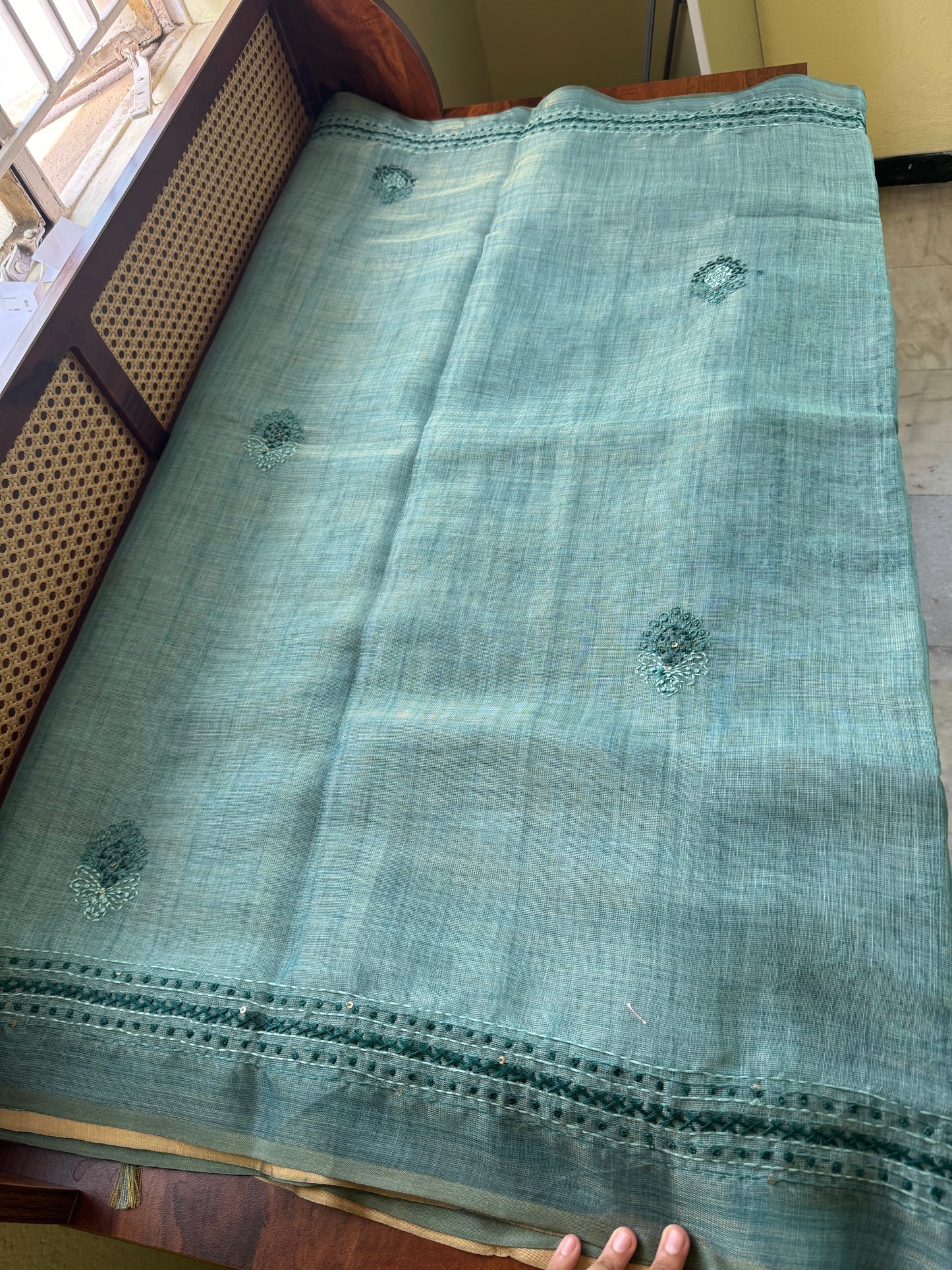 Premium Tissue Linen Sarees with borders & heavy blouse - Blue